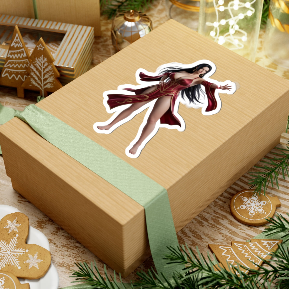 Boa Hancock Sticker – Anime Character Vinyl Sticker for Laptops & Indoor Decor on festive gift box, glossy vinyl detail