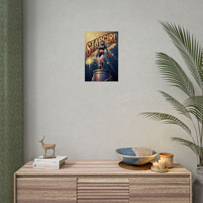 Stargirl Poster / Stargirl Wall Art / Stargirl Art Print / DC Comics Poster - vibrant Stargirl on golden cosmic background hung above dresser