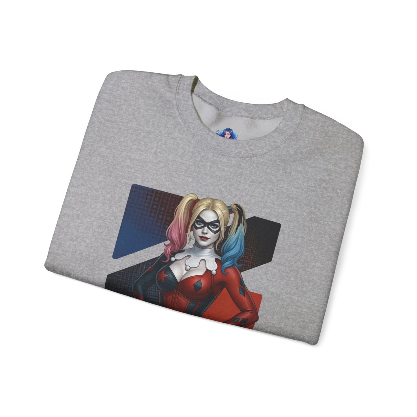 Harley Quinn Sweatshirt, DC Comics Crewneck, Iconic Comic Apparel for Fans — gray crewneck with Harley Quinn red-and-black character artwork