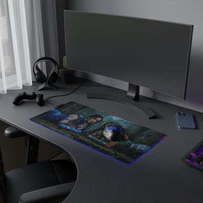 Kitana and Jade Desk Mat – LED RGB Pad, Waifu Fighter Setup on sleek gaming desk with dual heroines, RGB glow and smooth precision-cloth surface