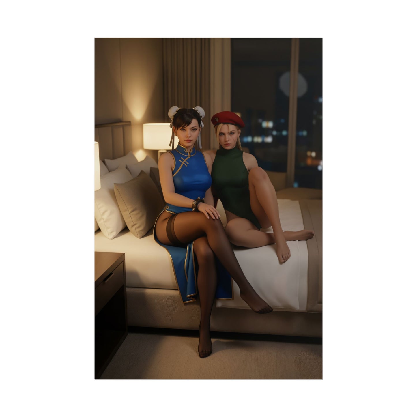 Chun-Li and Cammy White Poster, Street Fighter Art Print – Iconic Fighters showing duo cosplay-style fighters seated on a hotel bed