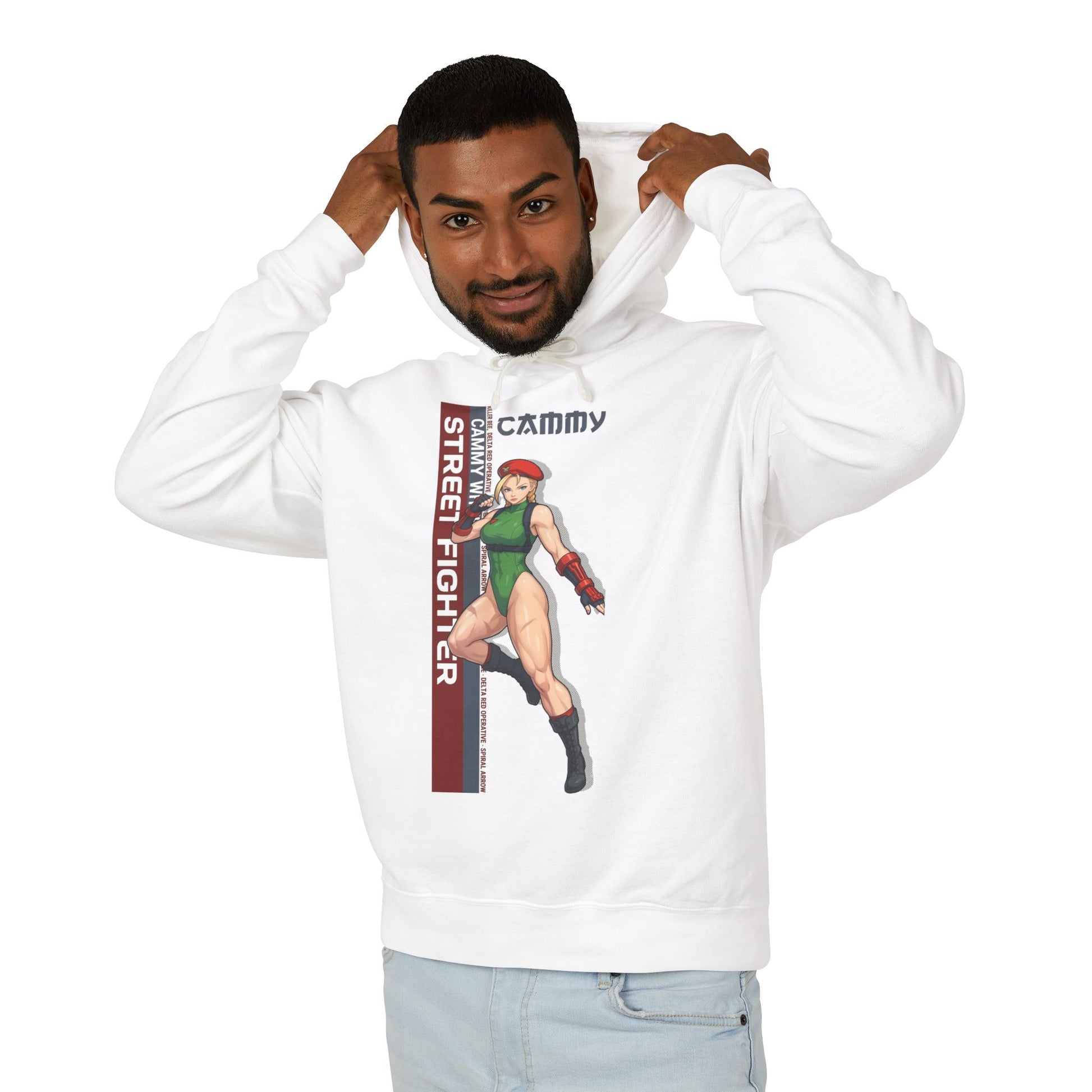 Cammy Hoodie | Street Fighter Hoodie | Anime Fighter Girl Pullover white pullover with Cammy illustration on model