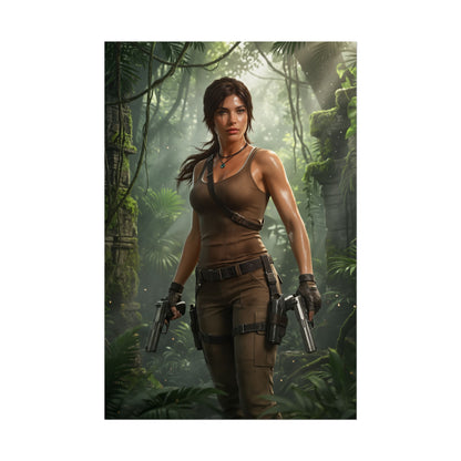 Lara Croft Poster – Iconic Adventure Heroine Wall Art for Gamer Decor, ultra-high resolution gamer room wall art showing Lara Croft in jungle