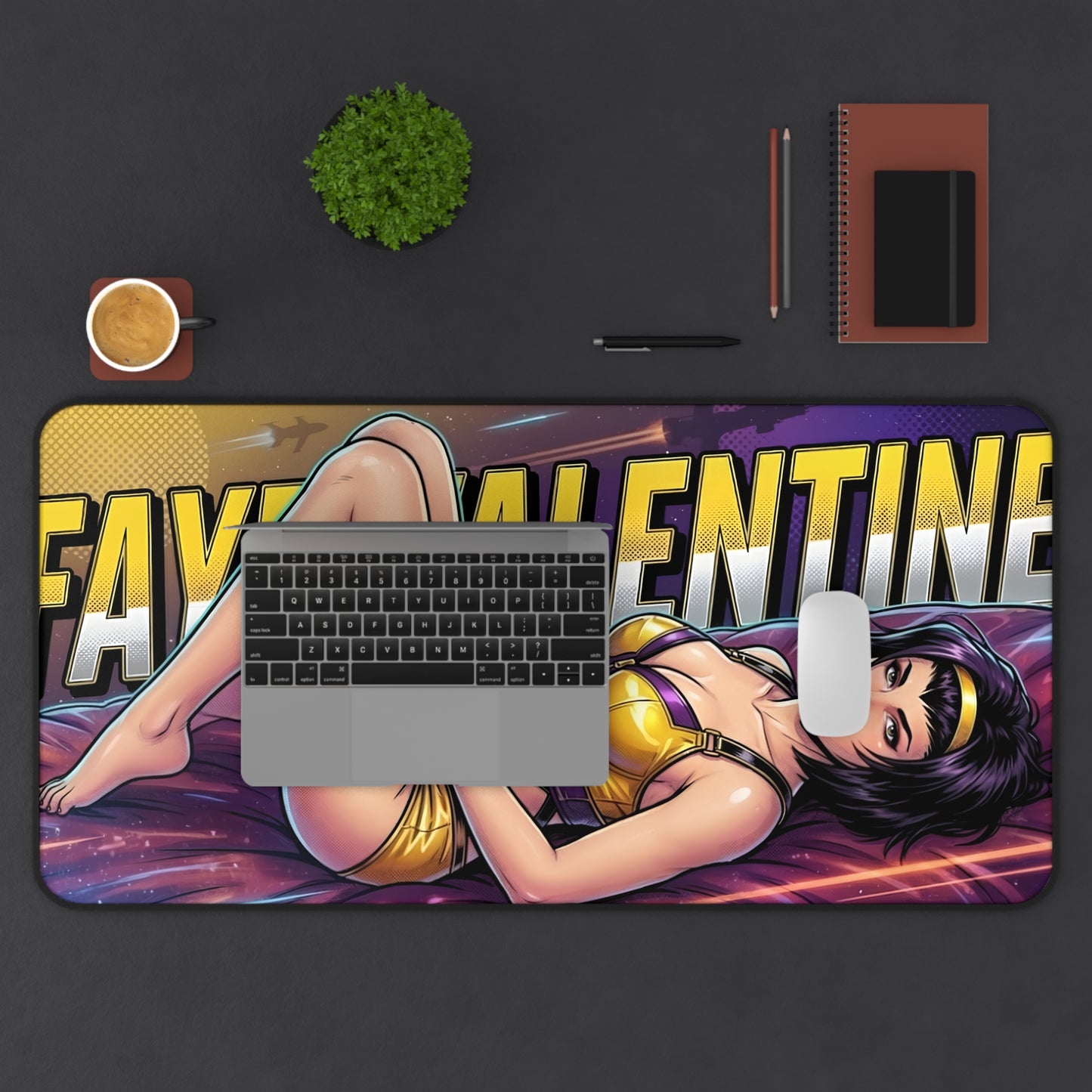 Faye Valentine Desk Mat, Anime Mouse Pad, Retro Sci-Fi Desk Decor featuring reclining bounty hunter artwork on a gaming desk with non-slip base