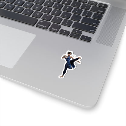 Chun-Li Sticker – Street Fighter Vinyl Sticker for Laptops & Indoor Decor on silver laptop corner showing glossy vinyl decal of iconic fighting-game character in action pose