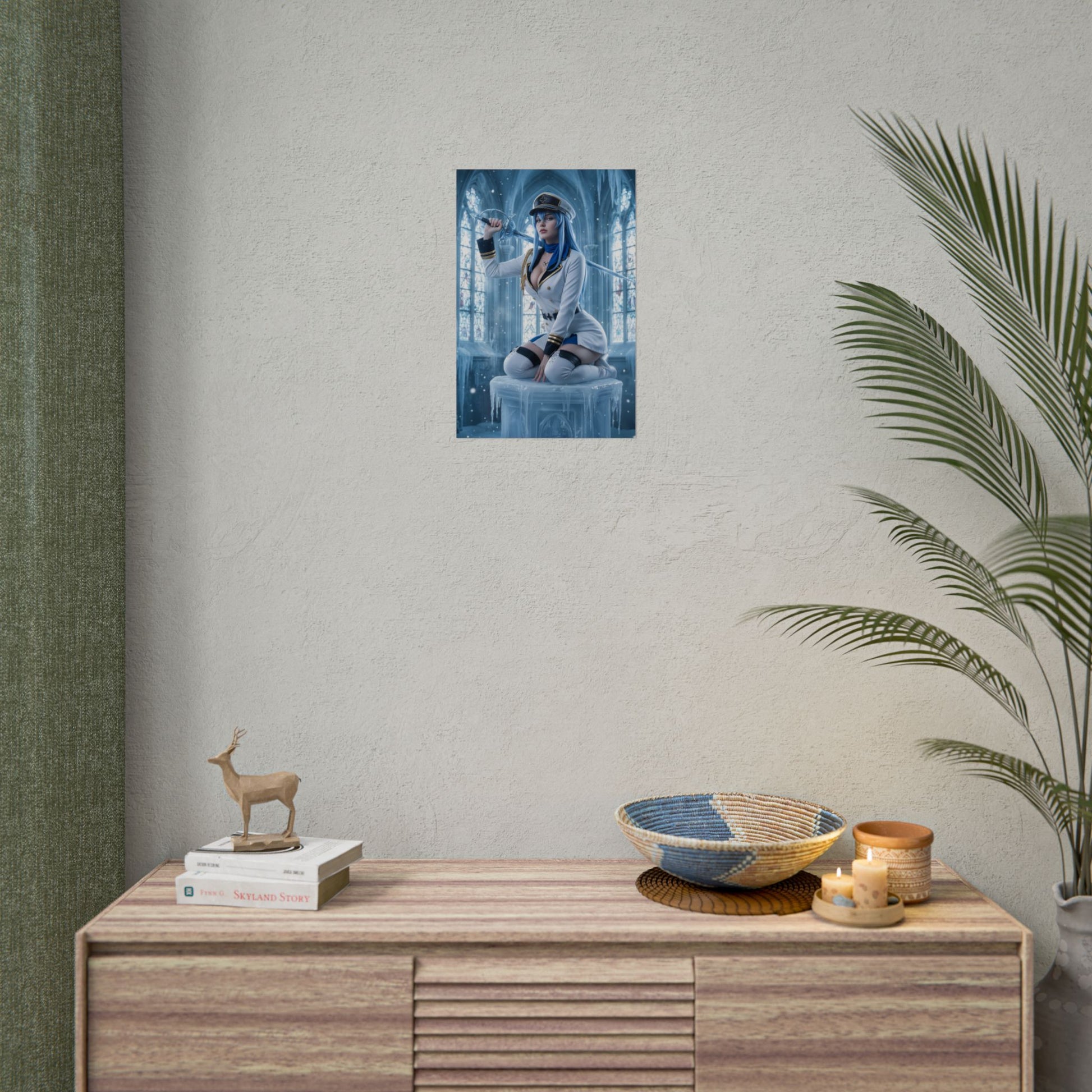 Esdeath Poster, Akame ga Kill Art Print, Iconic Ice General Wall Decor - anime room poster showing commanding Esdeath seated on ice statue