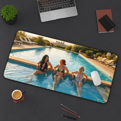 Witcher Gaming Mouse Pad – Ciri Triss Yennefer Desk Mat, Fantasy RPG Setup featuring Ciri Triss and Yennefer relaxing at a pool