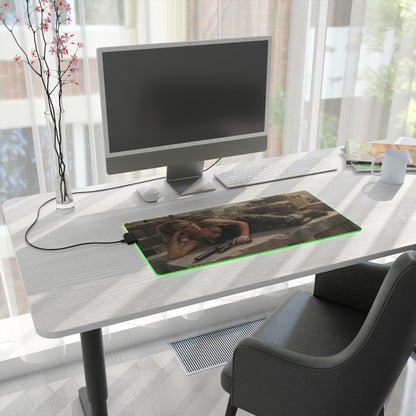 Sonya Blade Desk Mat – LED RGB Pad, Waifu Fighter Anime Girl Setup on modern white desk with PC and chair