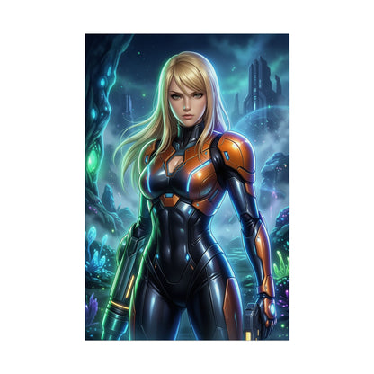 Samus Aran Sci Fi Armor Girl Poster Space Bounty Hunter Wall Art Futuristic Woman Print Gaming Room Decor Gift