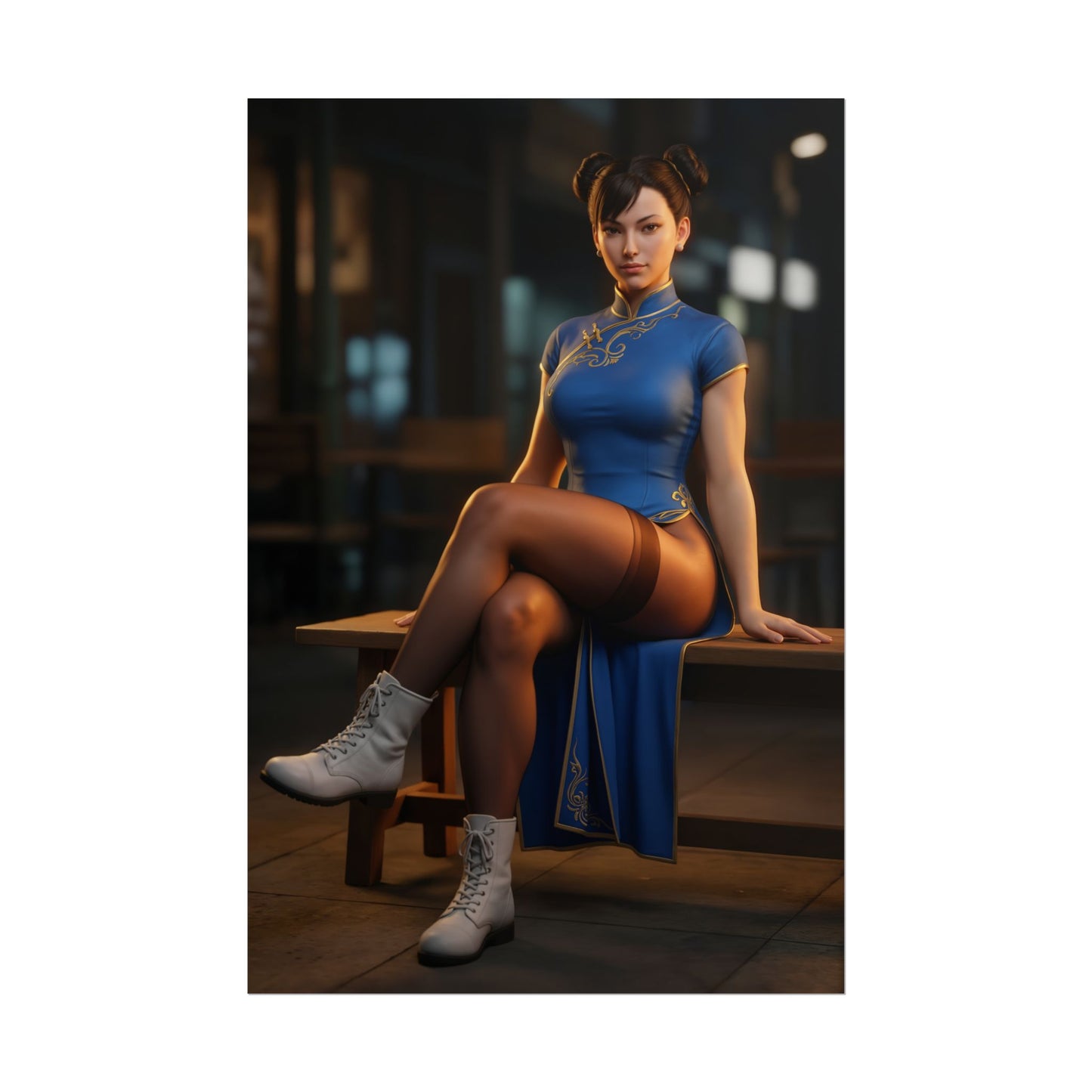 Chun-Li Poster, Street Fighter Art Print – Iconic Arcade Fighter Gift: Chun-Li in blue qipao seated pose, premium gaming room wall art