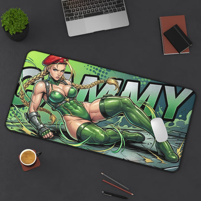 Cammy Desk Mat, Street Fighter Mouse Pad, Gaming Setup Desk Decor — vibrant Cammy artwork on large non-slip gaming desk mat with stitched edges