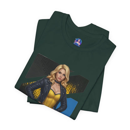 Black Canary T-Shirt | DC Comics Anime Tee for Gamers & Hero Fans folded dark green tee with anime-style Black Canary illustration on Bella Canvas 3001