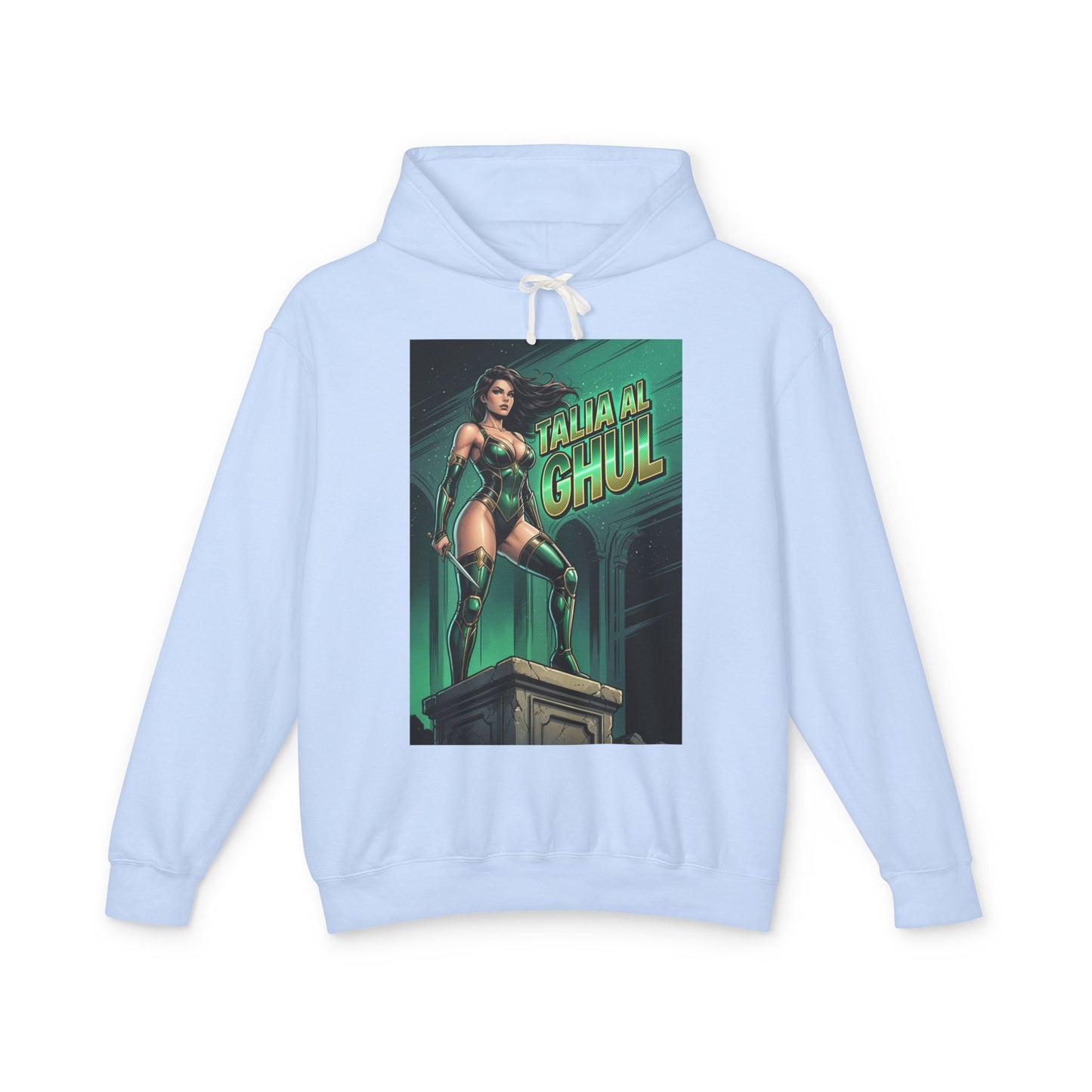 Talia al Ghul Hoodie | DC Villain Hoodie | League of Assassins Pullover - light blue hoodie featuring comic-style Talia al Ghul graphic