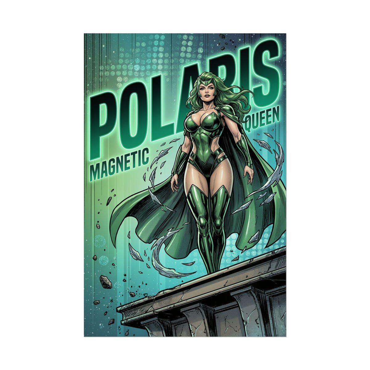 Polaris Poster / Polaris Wall Art / Polaris Art Print / X-Men Poster of Polaris magnetic queen in green costume standing on rooftop with swirling magnetic energy