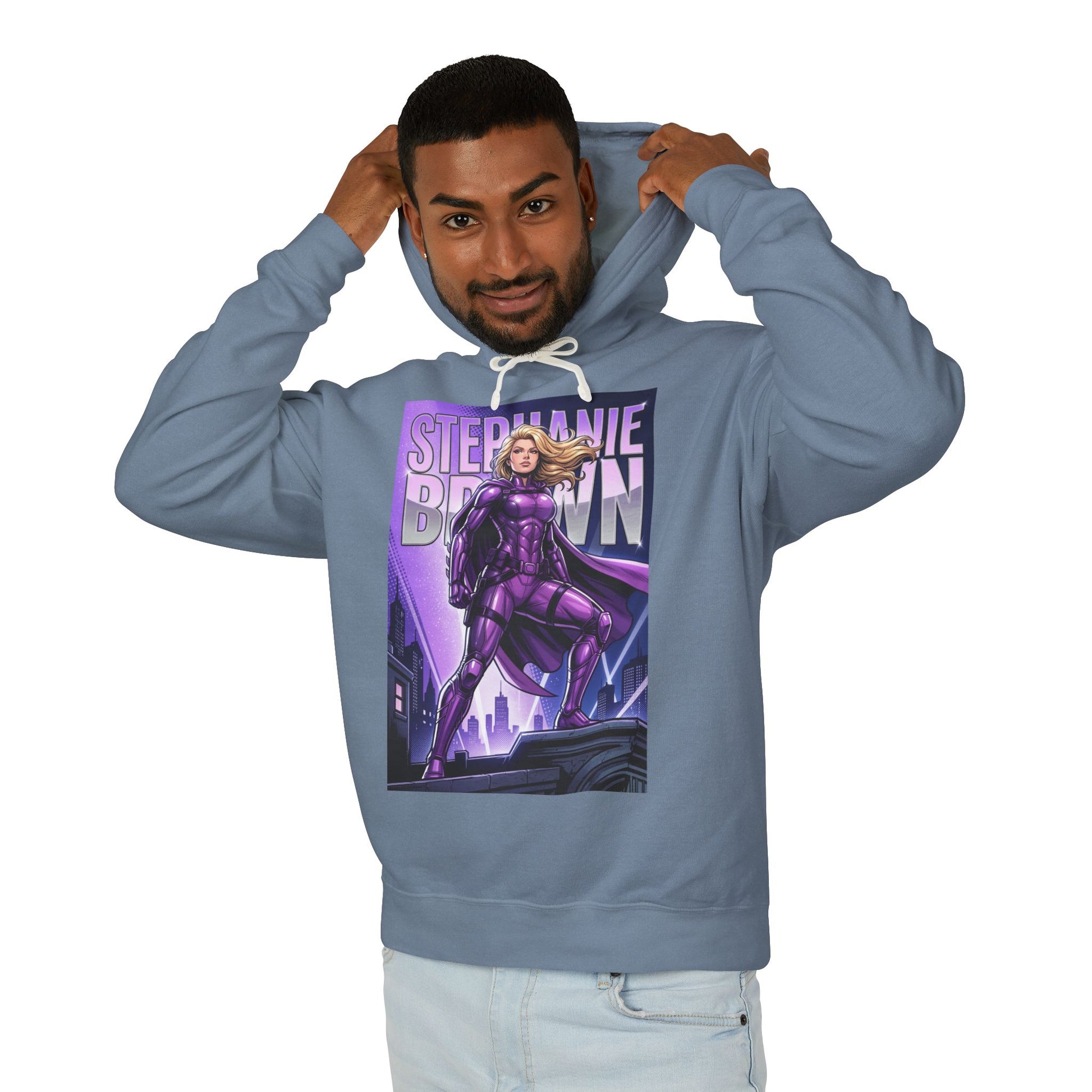 Stephanie Brown Hoodie | DC Superhero Hoodie | Spoiler Legacy Pullover - man wearing light blue pullover with purple Stephanie Brown graphic