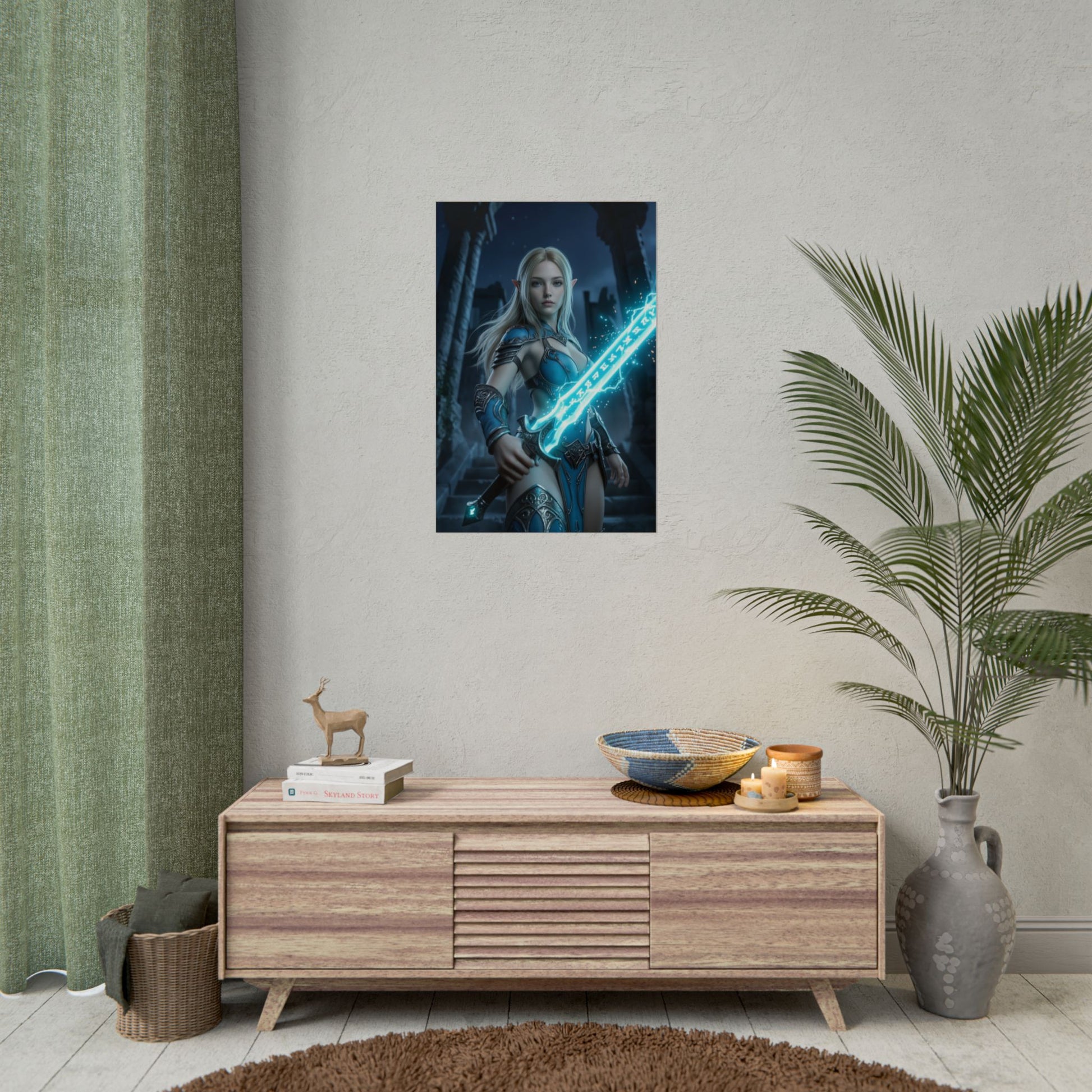 Princess Poster Fantasy  Wall Art Print Gaming Room Decor featuring heroine with glowing sword in mystical ruin, cinematic lighting and magical energy