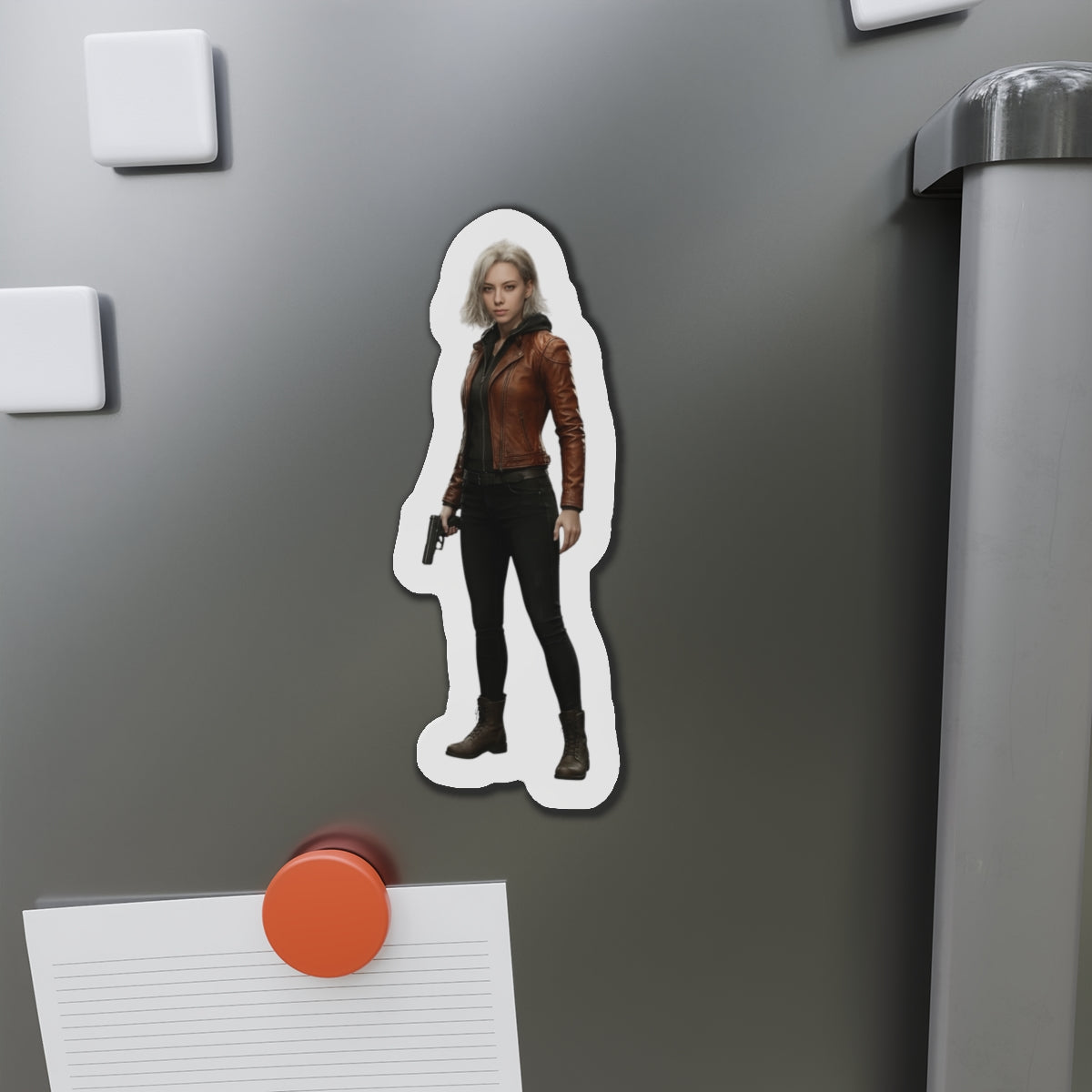 Alt Tag: Grace Ashcroft Magnet, Resident Evil Fridge Magnet, Horror Game Decor, Gamer Gift - anime-style vinyl magnet of Grace Ashcroft on fridge