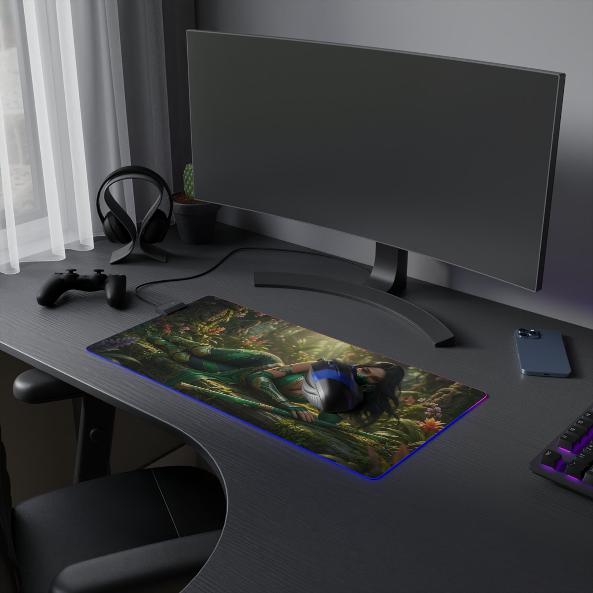 Jade Desk Mat – LED RGB Pad, Waifu Fighter Anime Girl Setup on gaming desk with curved monitor and mouse