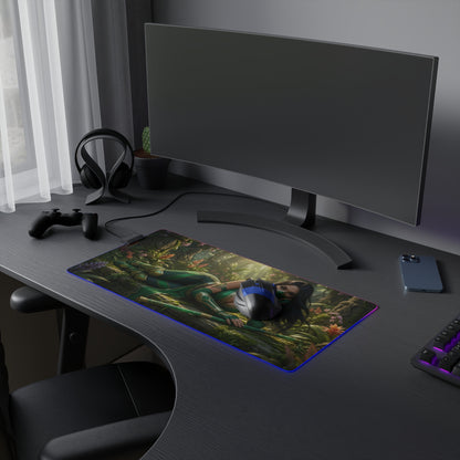 Jade Desk Mat – LED RGB Pad, Waifu Fighter Anime Girl Setup on gaming desk with curved monitor and mouse