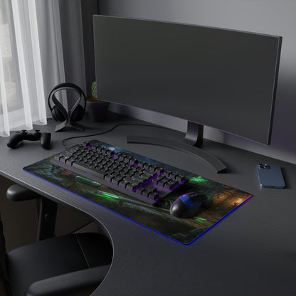 Jade Desk Mat – LED RGB Pad, Waifu Fighter Anime Girl Setup on dark gaming desk with keyboard, mouse and curved monitor, smooth precision-cloth surface