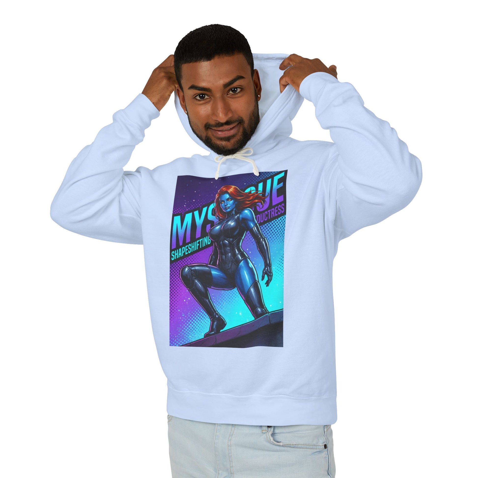 Mystique Hoodie | X-Men Hoodie | Comic Book Villain Pullover model wearing light blue Mystique graphic pullover, front view, hood up, casual pose