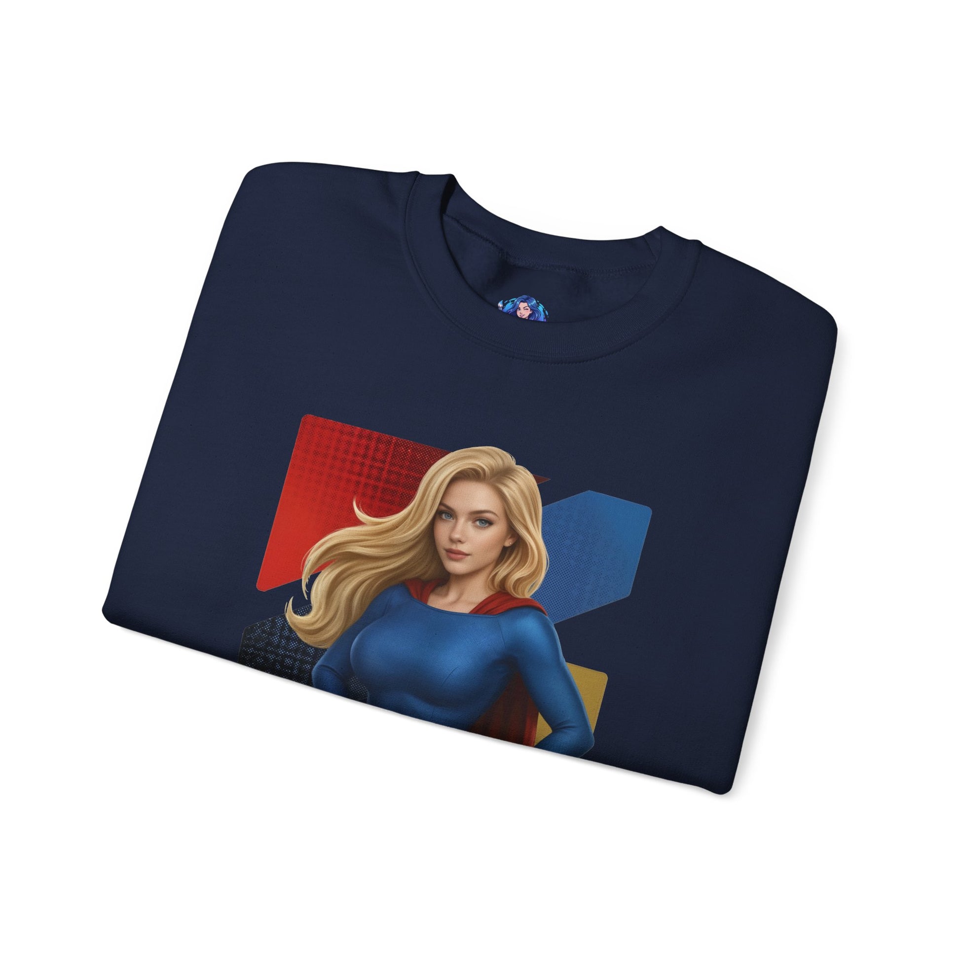 Supergirl Sweatshirt, DC Comics Crewneck, Iconic Superhero Apparel for Fans — navy crewneck with illustrated Supergirl in blue and red design