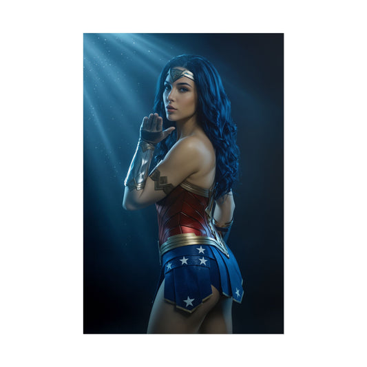 Wonder Woman Poster – Iconic Warrior Heroine Wall Art for Gamer Decor, dramatic blue-lit cosplay portrait poster for gaming room