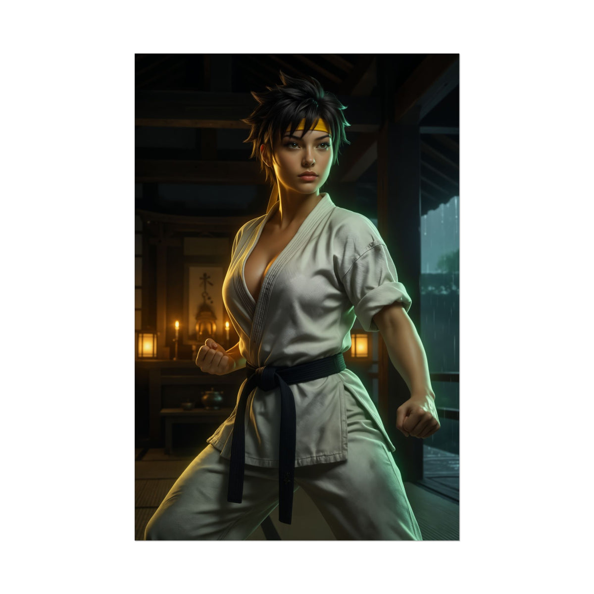 Makoto Street Fighter Poster  Iconic Martial Artist Heroine Wall Art featuring fierce Makoto in white gi and black belt, high-res collector wall art