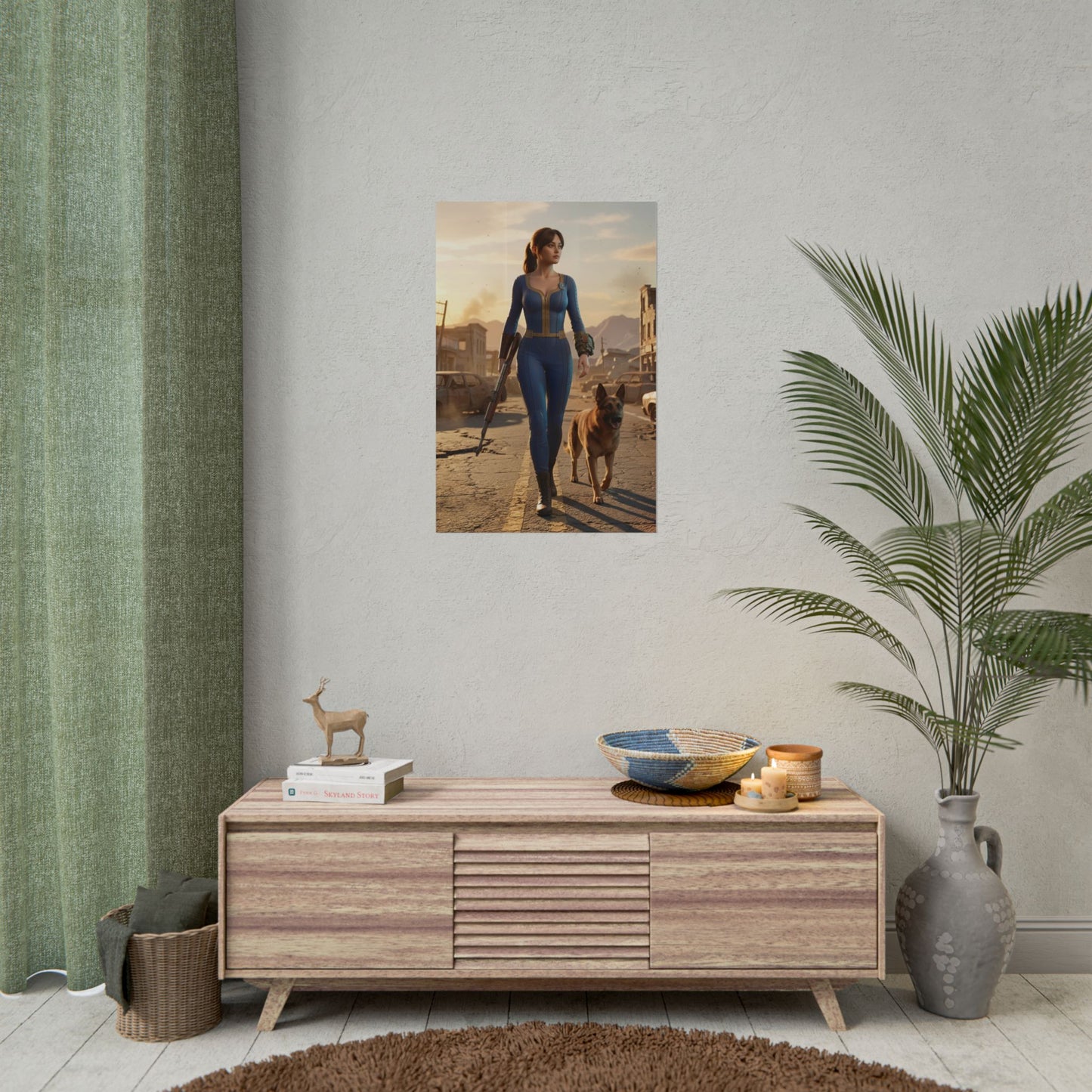Lucy Fallout Poster, Fallout Wall Art Print – Gamer Decor in modern living room showing character and dog over media console