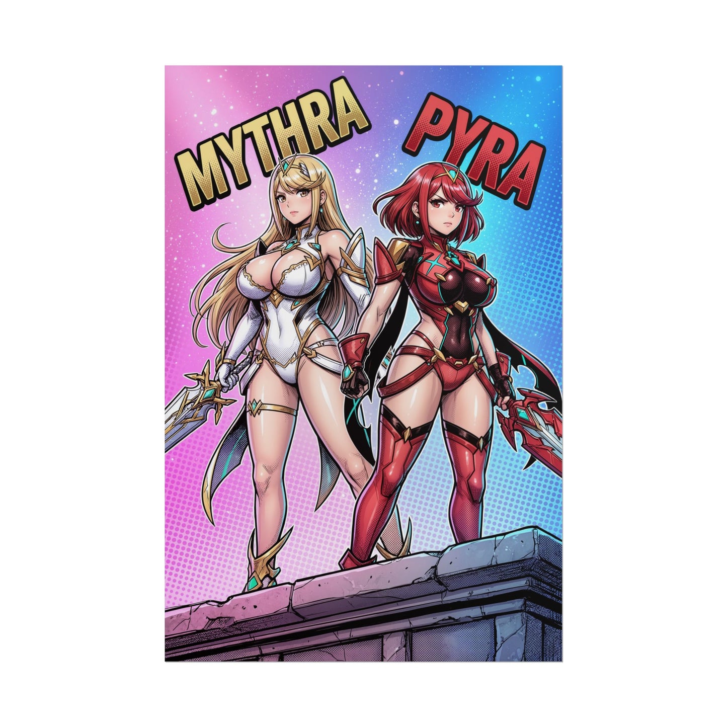 Mythra Pyra Poster / Mythra Pyra Wall Art / Mythra Pyra Art Print / JRPG Poster - vibrant art of two armored heroines standing side by side