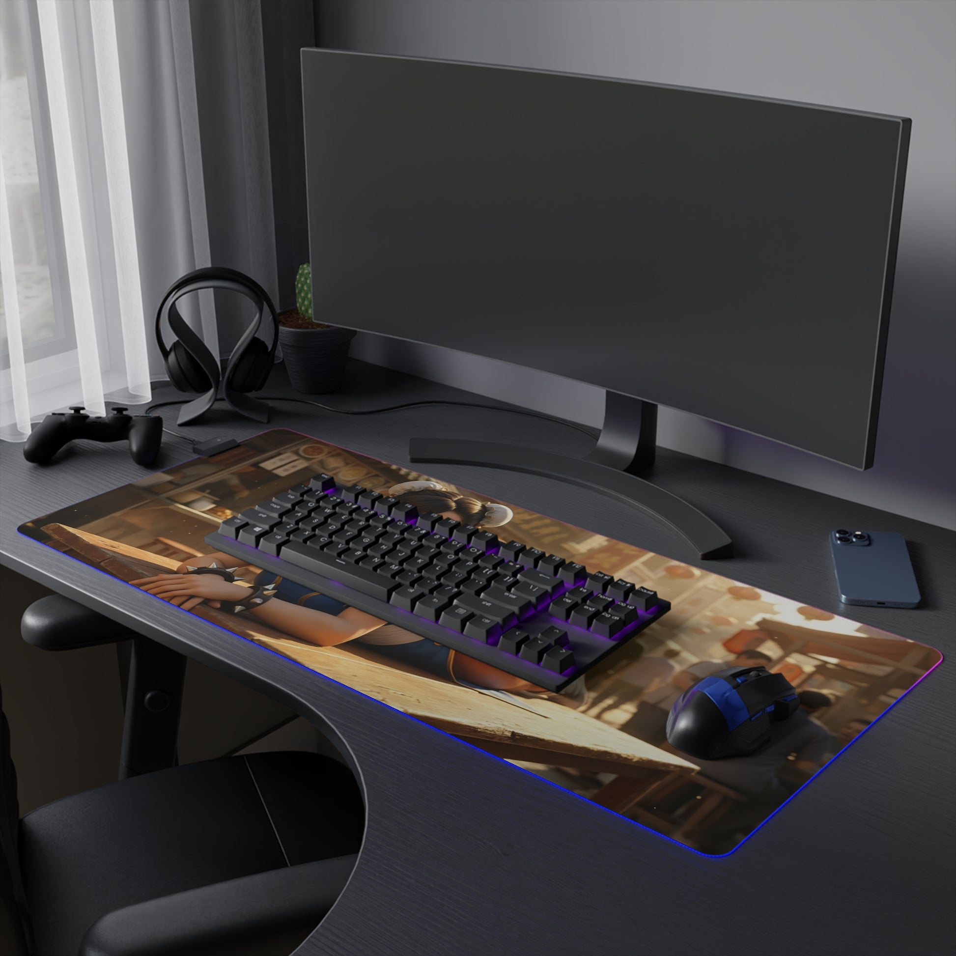 Chun-Li Desk Mat – LED RGB Pad, Waifu Fighter Anime Girl Setup gaming desk mat with RGB lighting and precision cloth surface