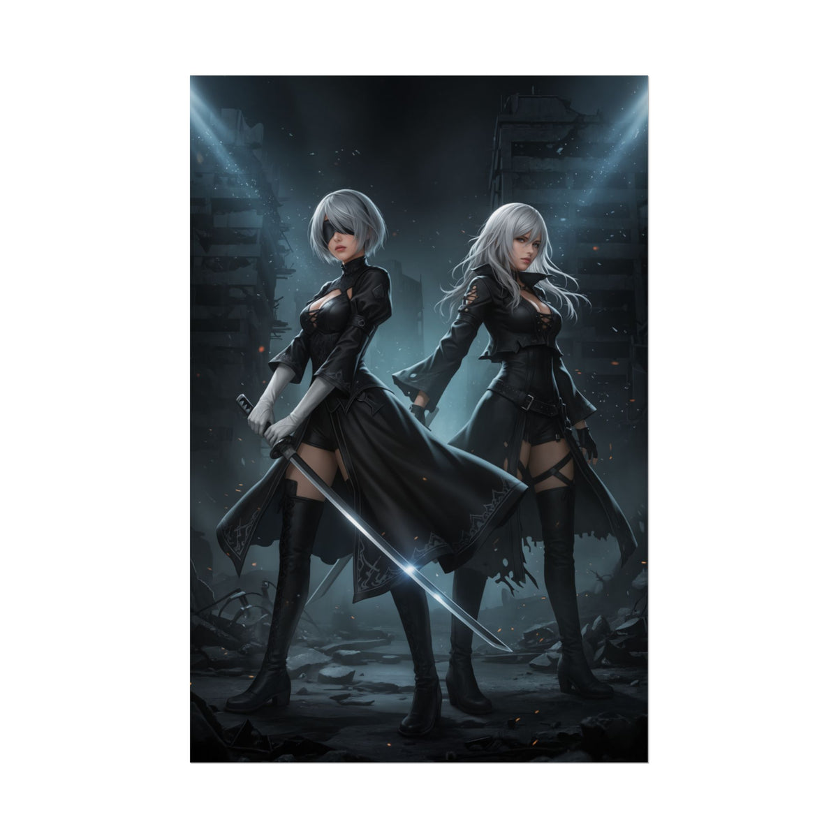 2B and A2 NieR Automata Poster  Iconic Android Heroines Wall Art, premium ultra-high resolution poster of two android heroines in cinematic sci-fi scene