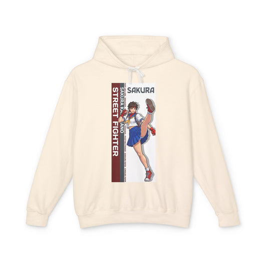 Sakura Hoodie | Street Fighter Hoodie | Anime Martial Artist Pullover - cream pullover with energetic Sakura kicking illustration