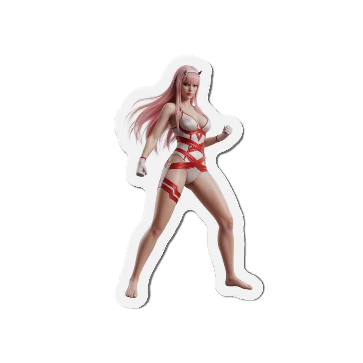 Zero Two Magnet – Anime Character Fridge Magnet, Sci-Fi Decor: die-cut vinyl anime-style Zero Two fridge magnet with pink hair and red outfit