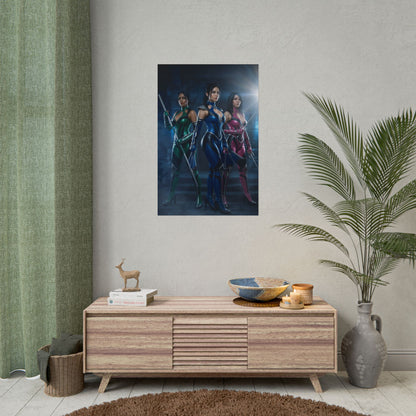 Kitana Jade Mileena Poster, Mortal Kombat Art Print – Iconic Fighter Trio — premium wall art of three female fighters for gaming rooms