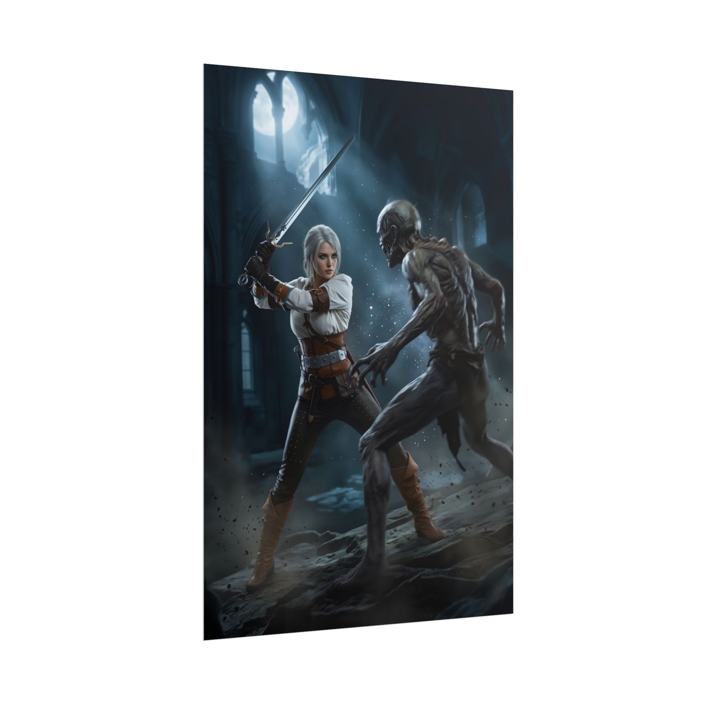 Ciri Poster, The Witcher Art Print, Iconic Warrior Character Wall Decor - dynamic Ciri battling a monster in moody fantasy interior