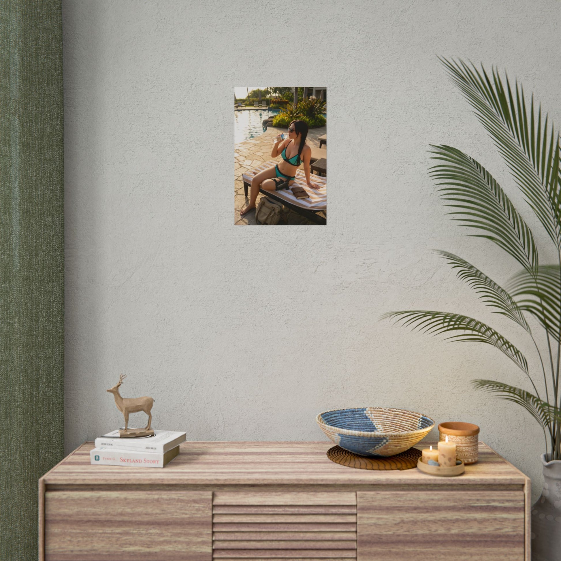 Lara Croft Poster, Tomb Raider Art Print – Iconic Adventure Heroine small framed print displayed above a modern console with decor