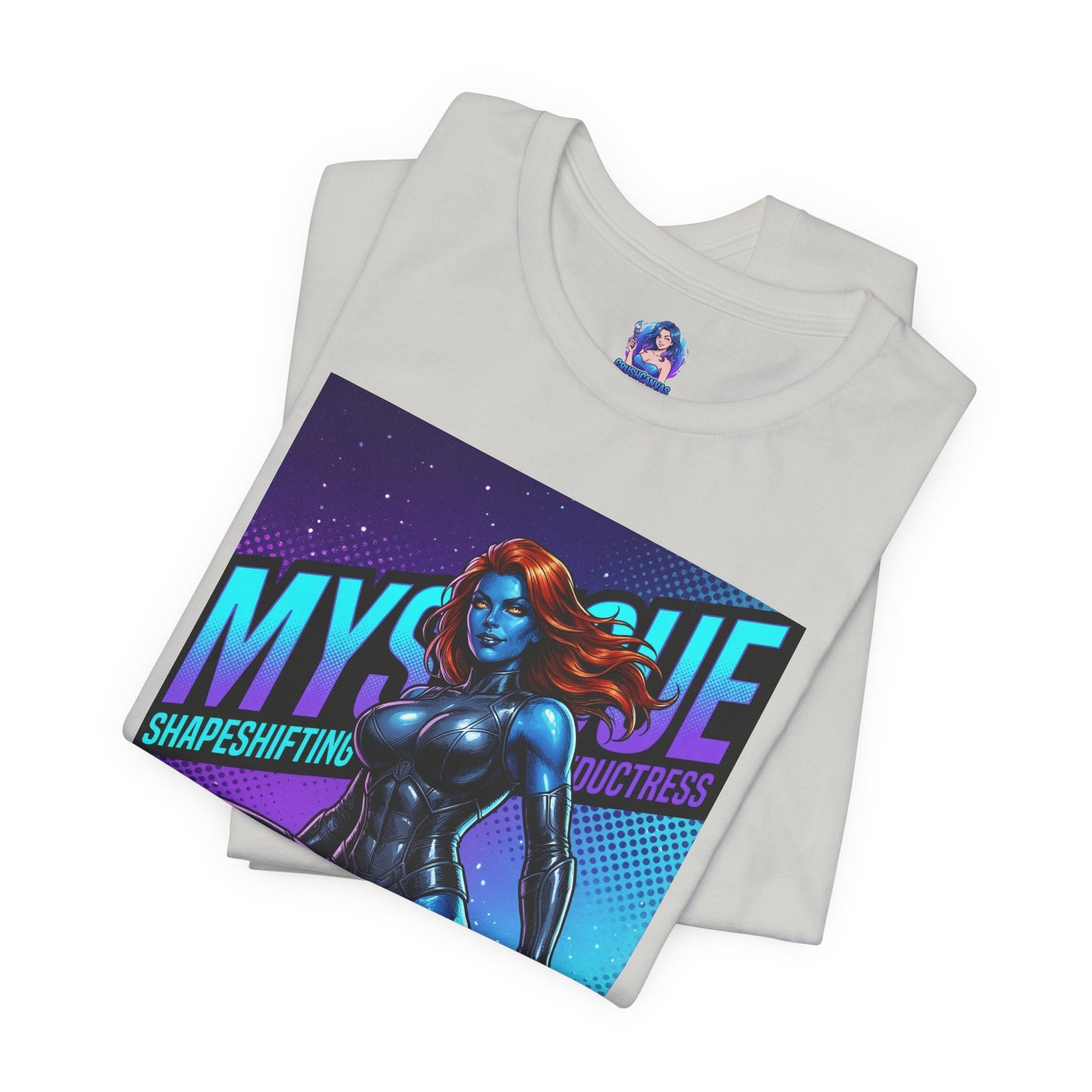 Mystique T-Shirt | Marvel X-Men Anime Tee for Gamers & Fans folded Bella Canvas tee with stylized blue Mystique illustration
