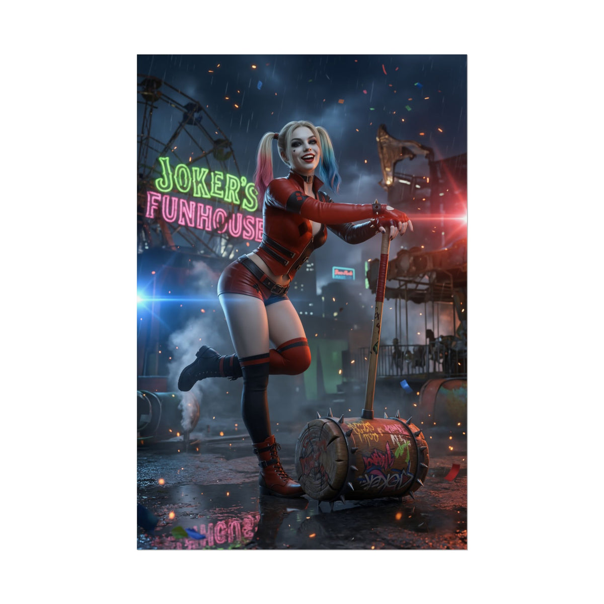 Harley Quinn Poster, DC Art Print  Iconic Comic Anti-Heroine Wall Art featuring Harley Quinn in red outfit with mallet at Jokers Funhouse