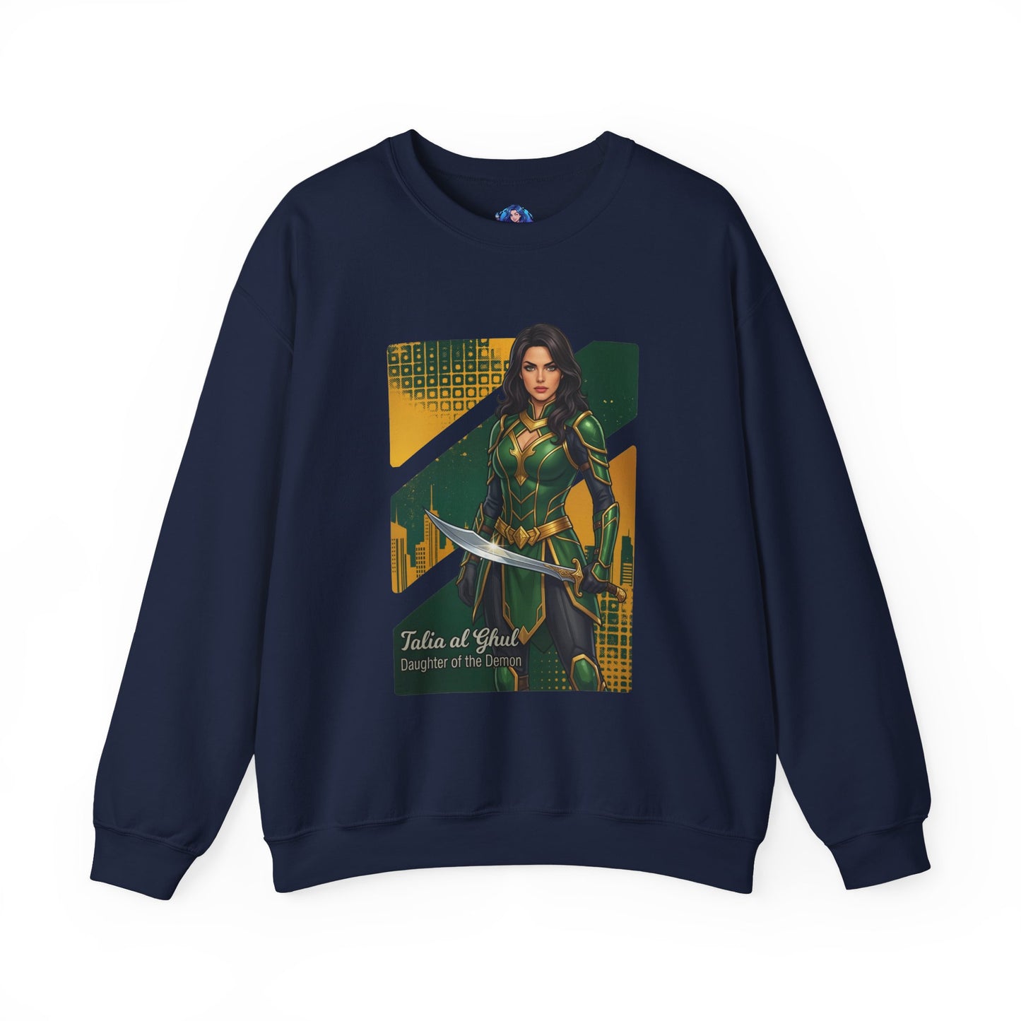 Talia al Ghul Sweatshirt, DC Comics Crewneck, Elegant Villain Apparel for Fans - navy crewneck with detailed Talia al Ghul artwork and sword