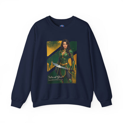 Talia al Ghul Sweatshirt, DC Comics Crewneck, Elegant Villain Apparel for Fans - navy crewneck with detailed Talia al Ghul artwork and sword
