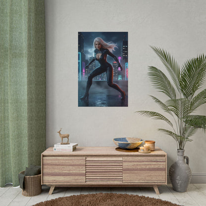 Black Cat Poster, Marvel Art Print – Classic Comic Book Wall Decor hanging above modern console in stylish gaming or pop-art room