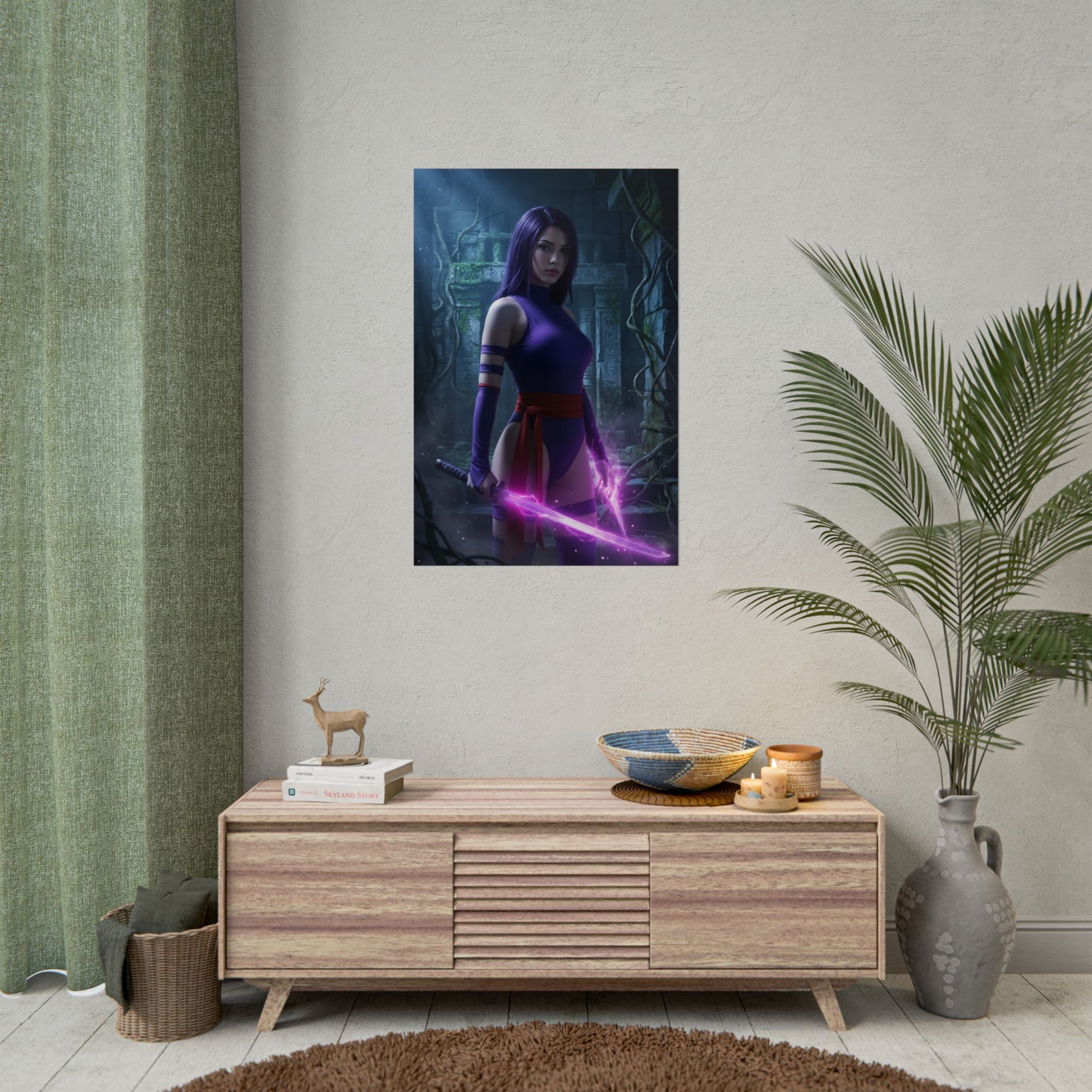 Psylocke Poster, Marvel Art Print – Iconic Mutant Ninja Heroine Wall Art featuring vivid purple-chi effects in modern room display