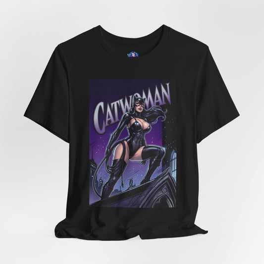 Catwoman T-Shirt | DC Comics Anime Tee for Gamers & Fans featuring comic-style Catwoman on rooftop in black Bella Canvas tee