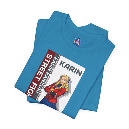 Karin Kanzuki T-Shirt | Street Fighter Anime Tee for Gamers & Fighting Game Fans featuring anime-style Karin print on blue Bella Canvas tee