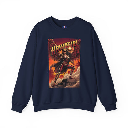 Hawkgirl Sweatshirt, DC Comics Wall Art Style, Premium Heroine Apparel - navy crewneck featuring anime-inspired Hawkgirl with wings and mace