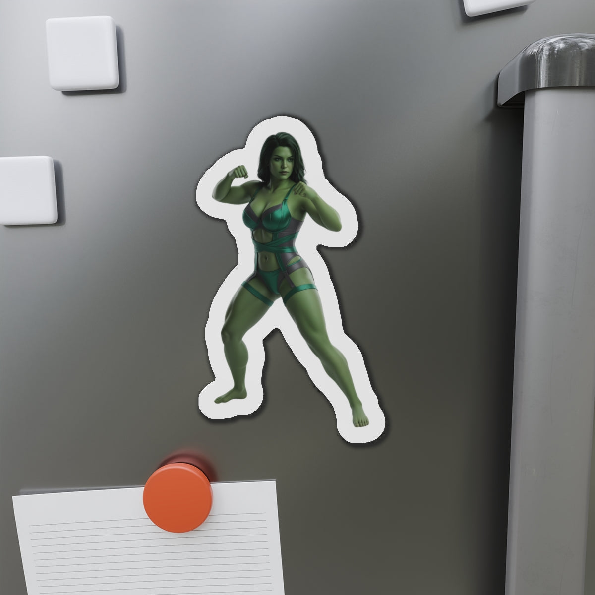 She-Hulk Magnet – Marvel Heroine Fridge Magnet, Anime Style Decor die-cut vinyl magnet showing confident anime-style She-Hulk on a refrigerator