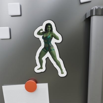 She-Hulk Magnet – Marvel Heroine Fridge Magnet, Anime Style Decor die-cut vinyl magnet showing confident anime-style She-Hulk on a refrigerator