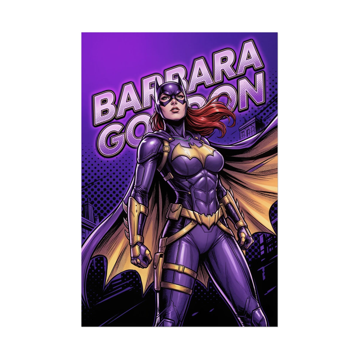 Batgirl Poster / Batgirl Wall Art / Batgirl Art Print / DC Comics Poster - bold Batgirl illustration in purple suit with cape, dramatic night-city lighting