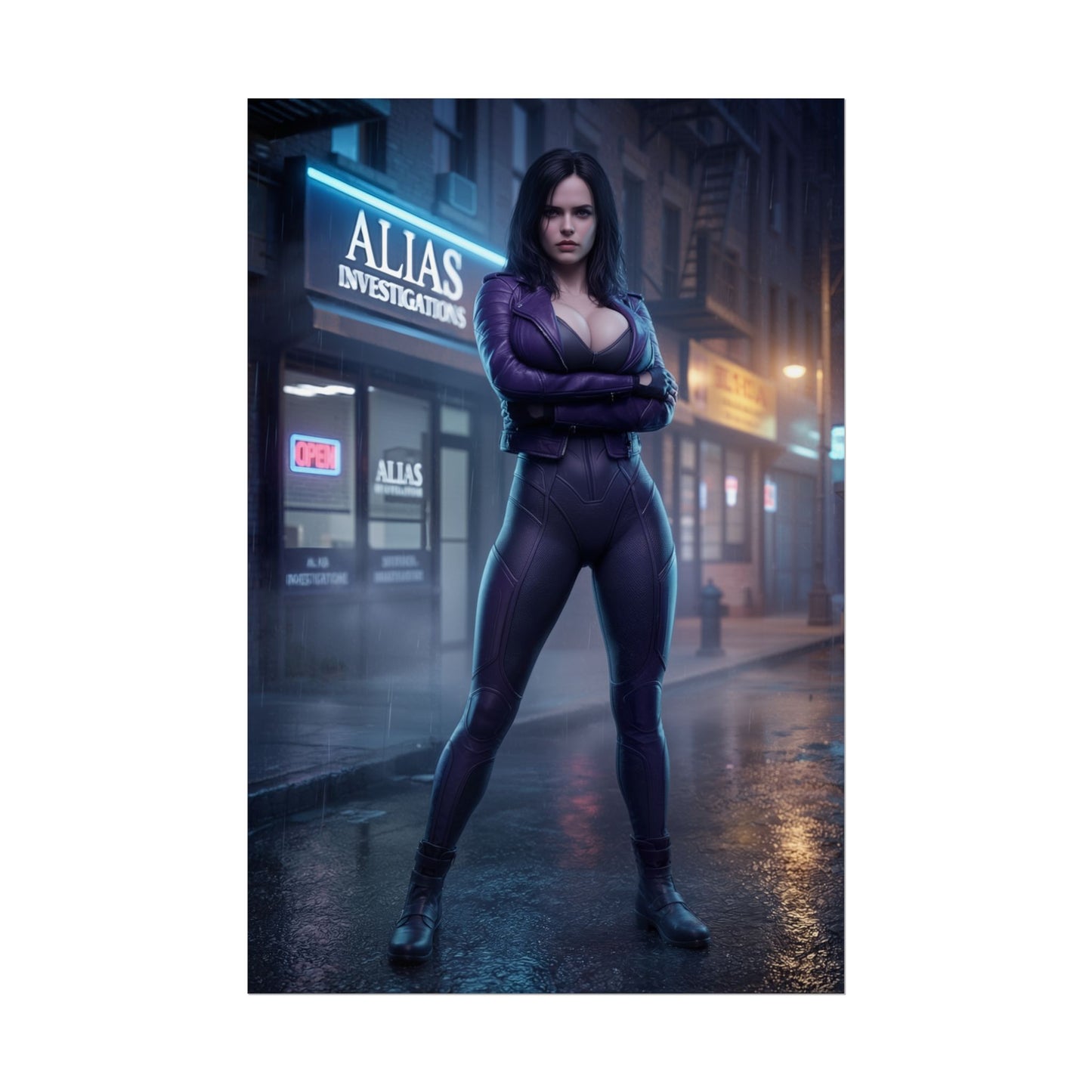 Jessica Jones Poster, Marvel Art Print – Superhero Wall Art showing Jessica Jones in purple suit standing in front of Alias Investigations on a rainy city street